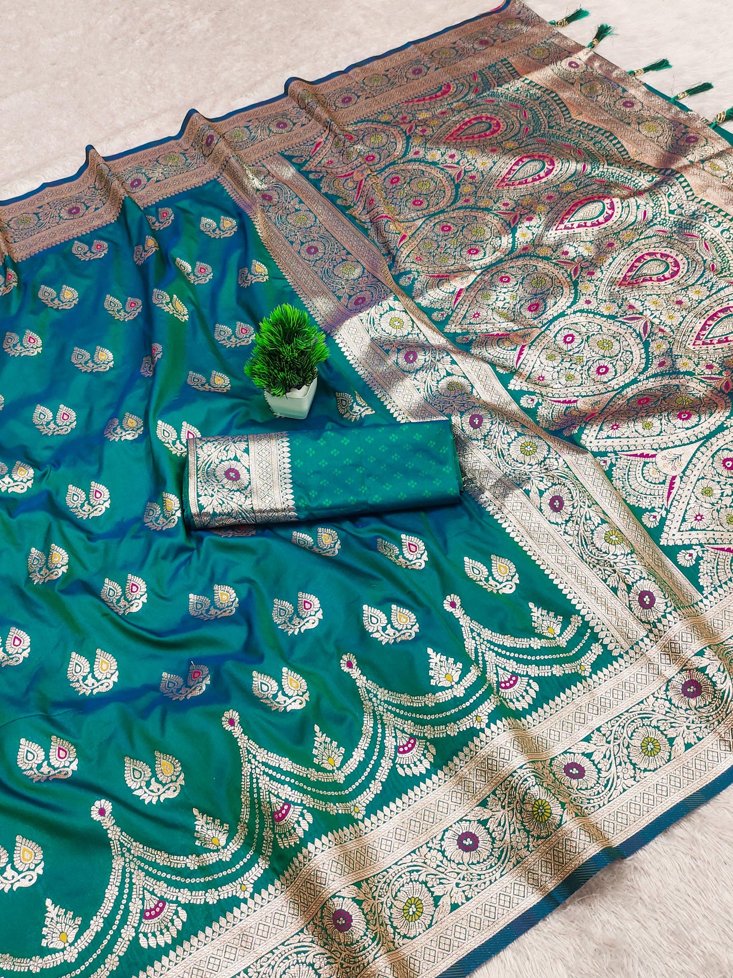 Rama color banarasi silk saree with blouse design