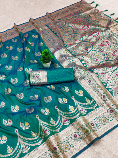 Rama color banarasi silk saree with blouse design