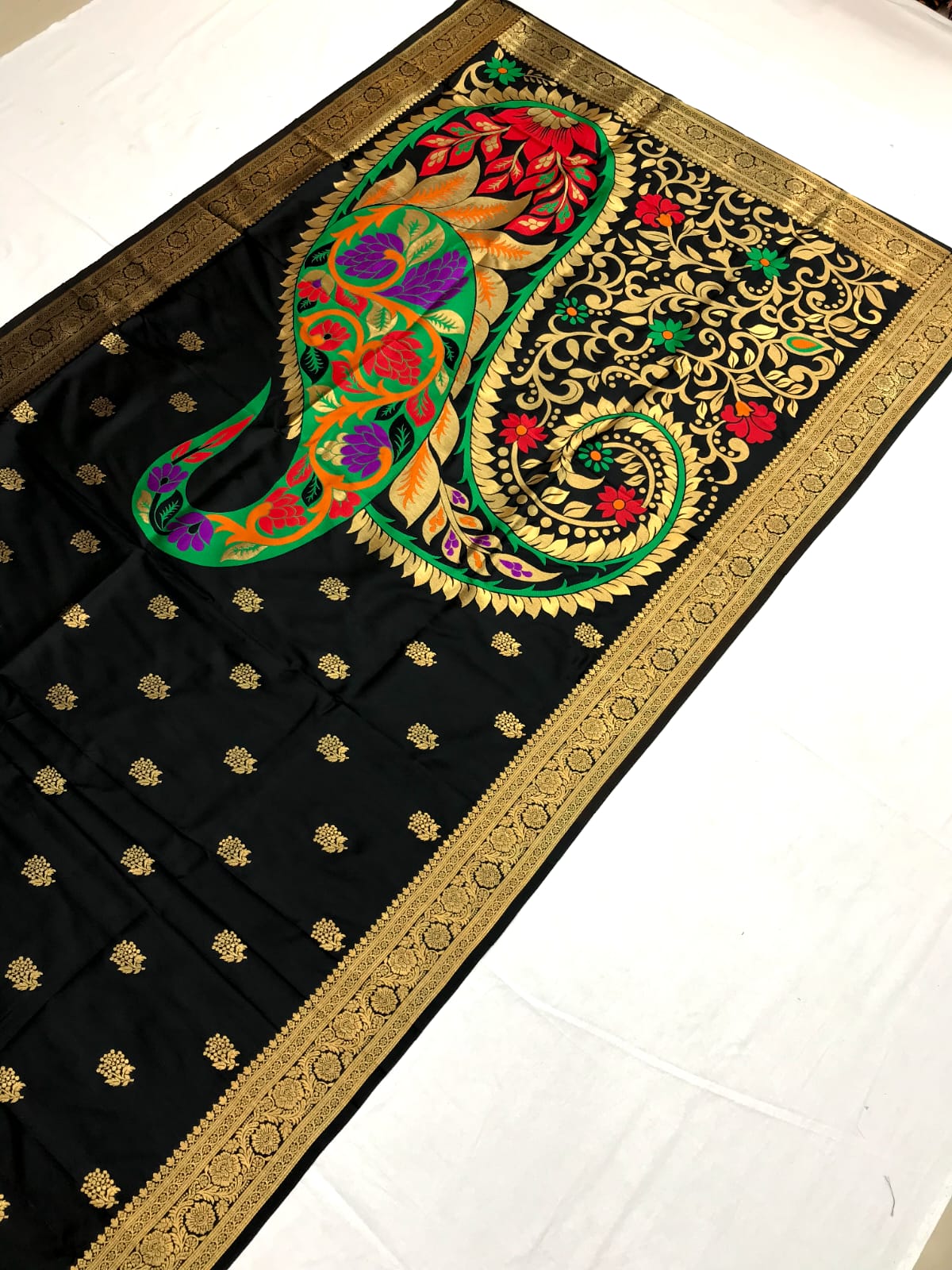 Black color banarasi silk saree for women