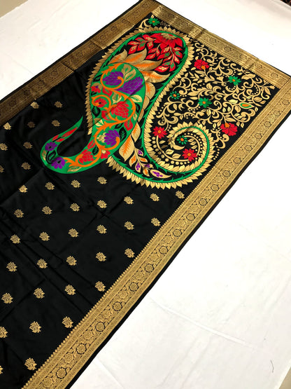 Black color banarasi silk saree for women