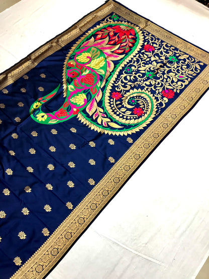 Navy color banarasi silk saree for wedding