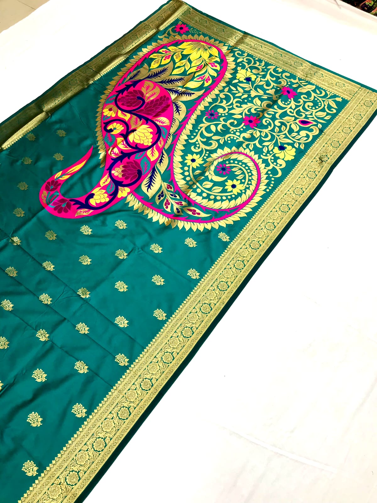 Rama color banarasi silk saree with blouse