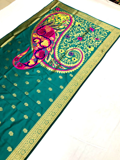 Rama color banarasi silk saree with blouse