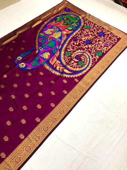Wine color banarasi silk saree with blouse online