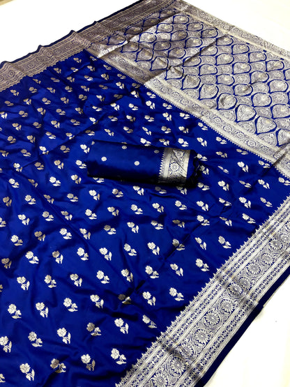 Blue color banarasi silk saree with blouse