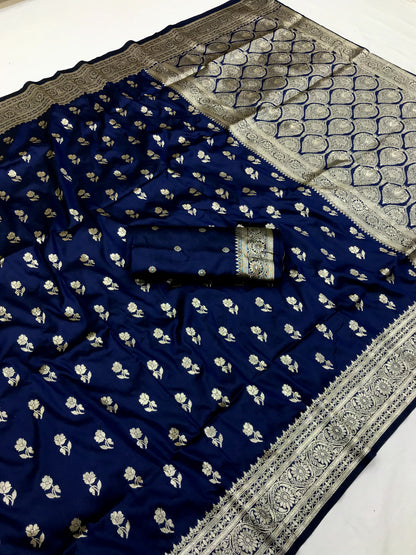 Navy color banarasi silk saree with blouse online shopping