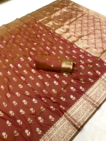 Brown color banarasi silk saree with blouse online shopping
