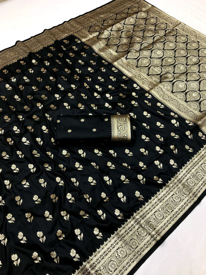 Black color banarasi silk saree with blouse design