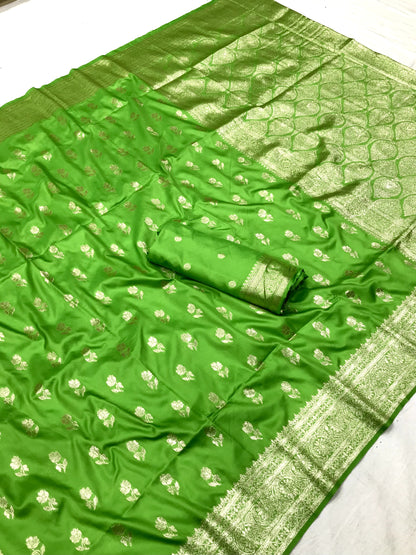 Green color banarasi silk saree with blouse images