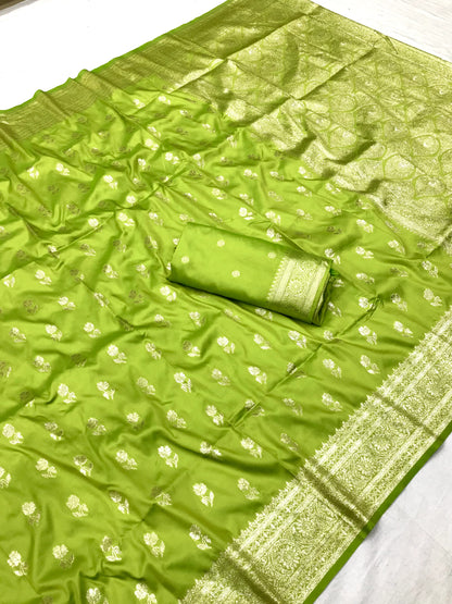 Parrot color banarasi silk saree with blouse for party