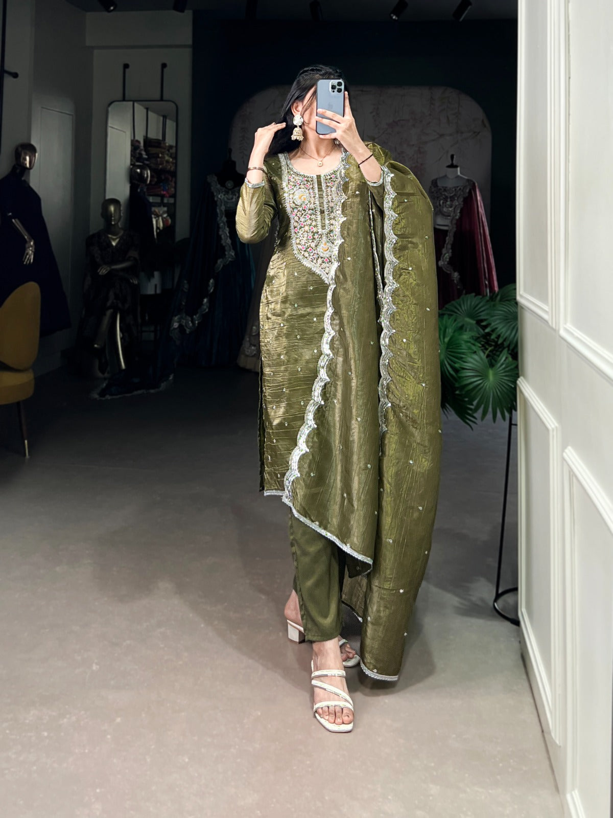 Green color gold crush salwar suit for women