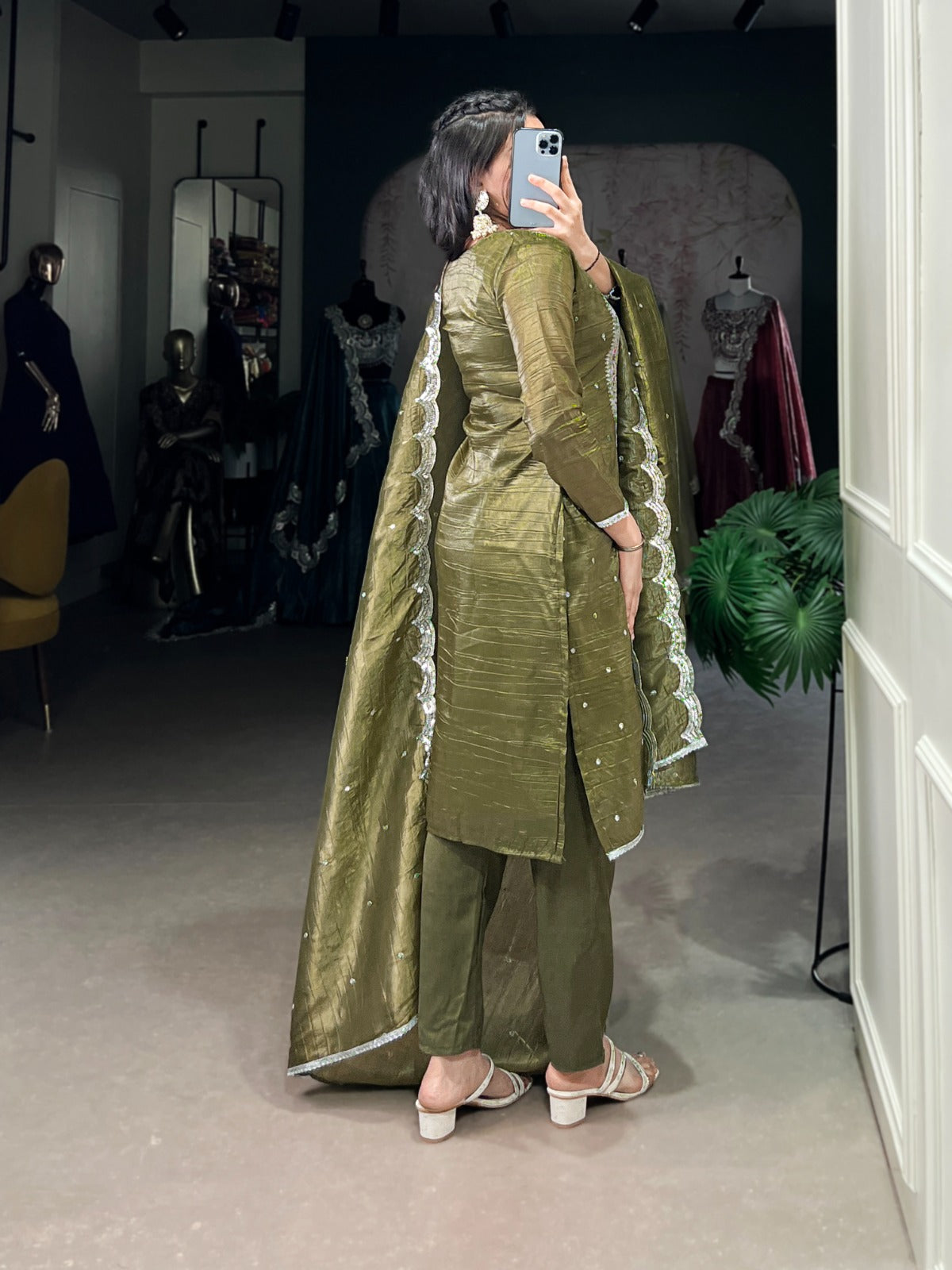 Green color gold crush salwar suit with dupatta images