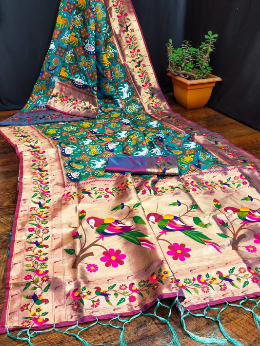 Rama color paithani silk saree for women