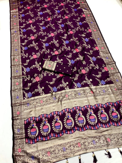 Wine color banarasi silk sarees with blouse price