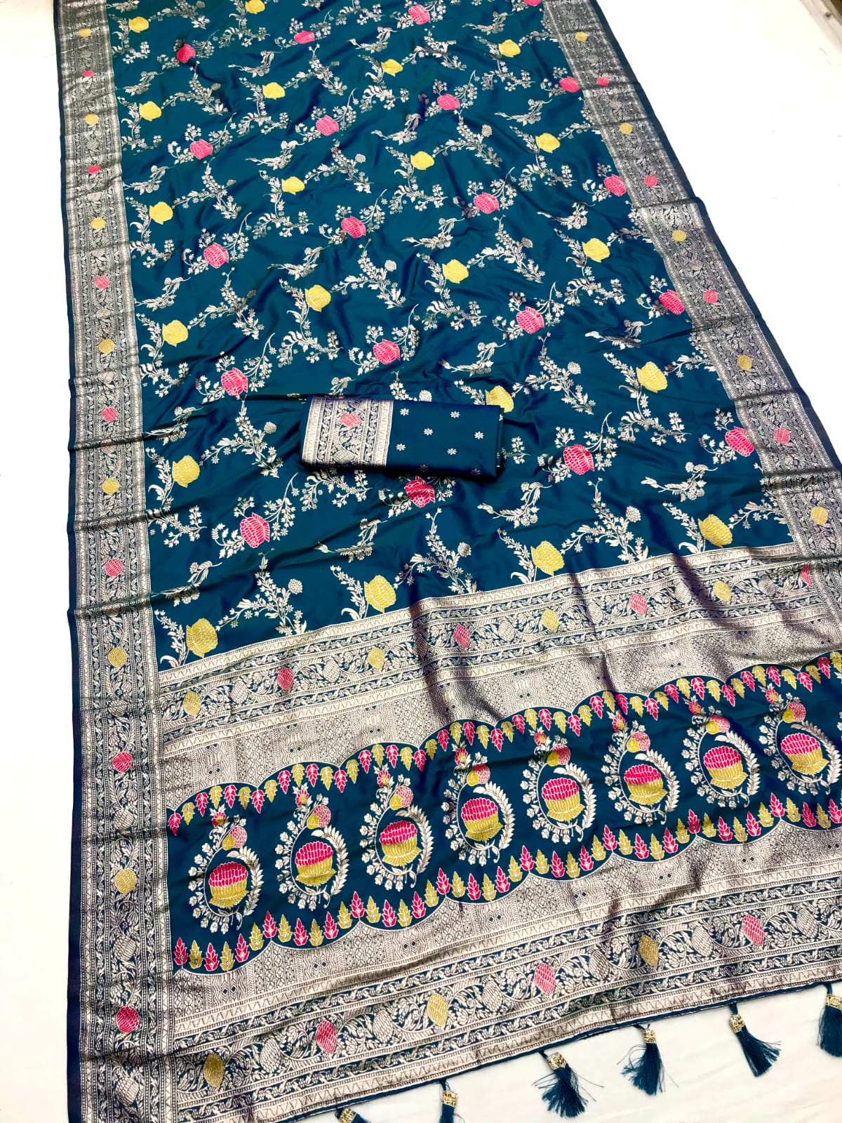 Teal color banarasi silk sarees with blouse price