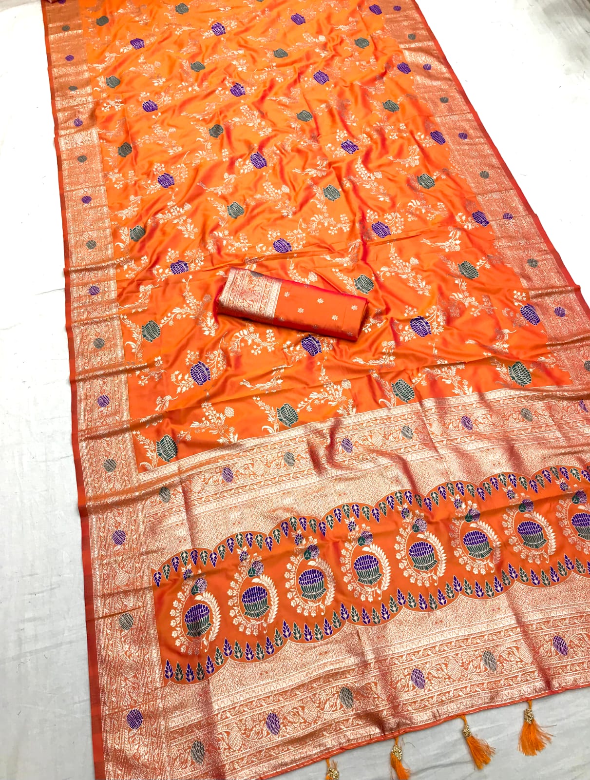 Orange color banarasi silk sarees for party