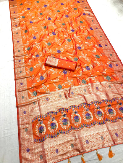 Orange color banarasi silk sarees for party