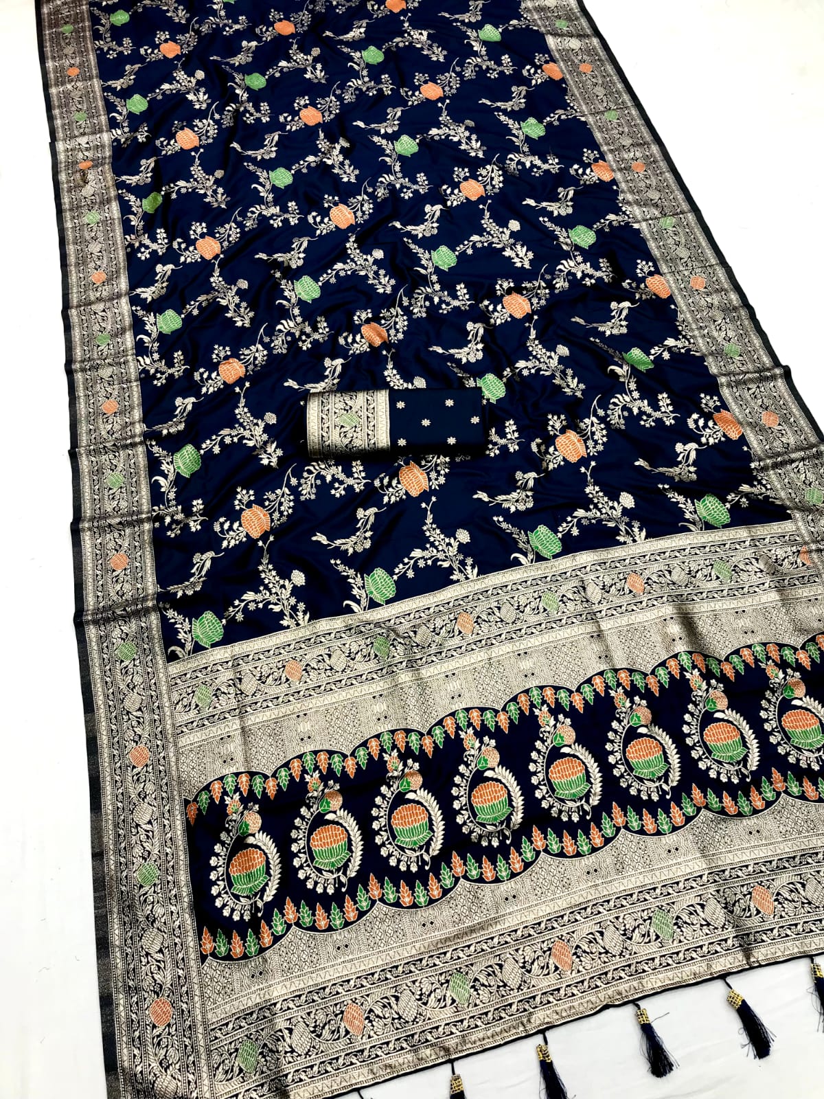 Navy color banarasi silk sarees with blouse images