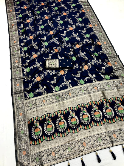 Navy color banarasi silk sarees with blouse images