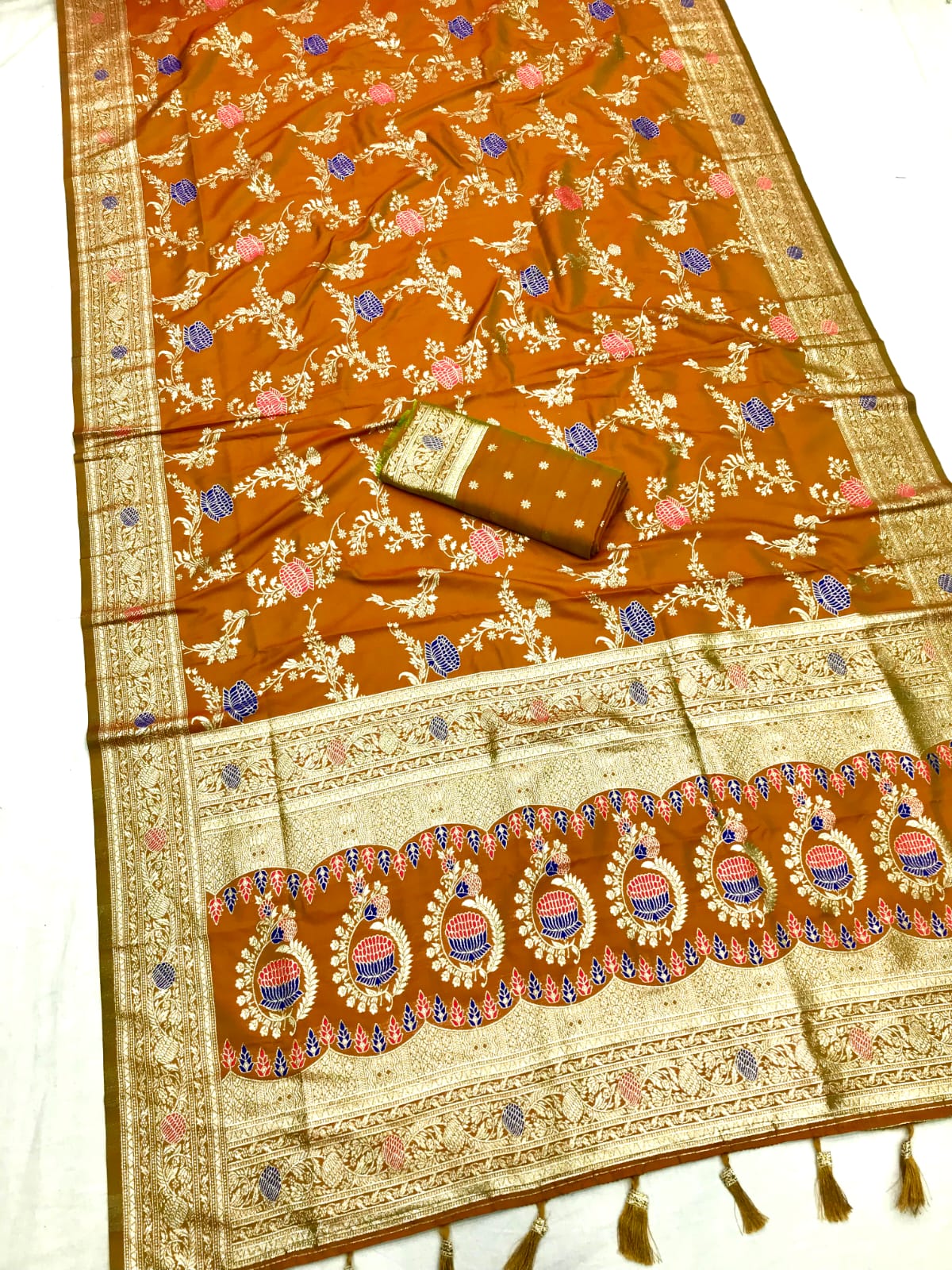 Mustard color banarasi silk sarees with blouse 
