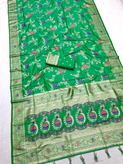 Green color banarasi silk sarees with blouse for wedding