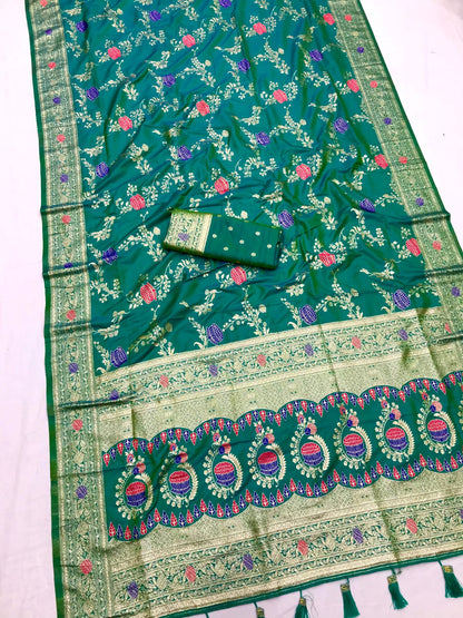 Rama color banarasi silk sarees with blouse design