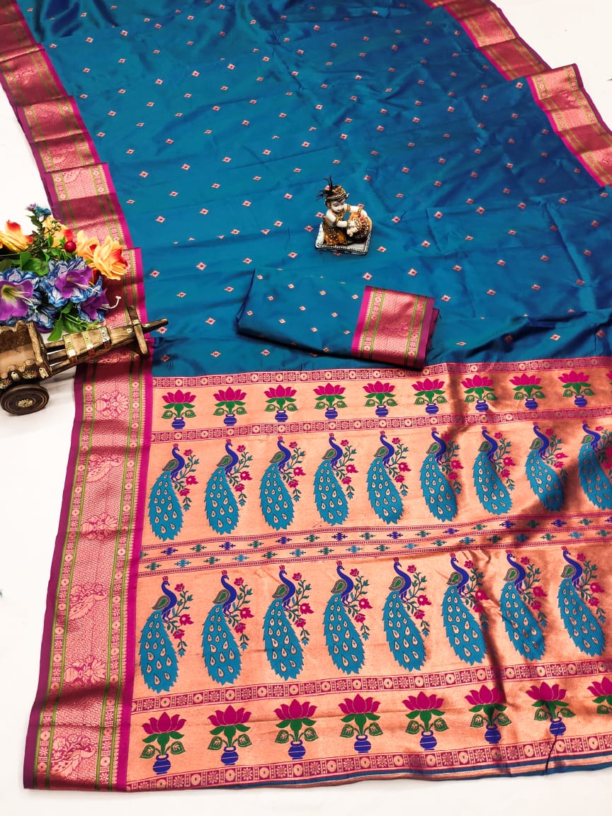 Teal color banarasi silk saree for women