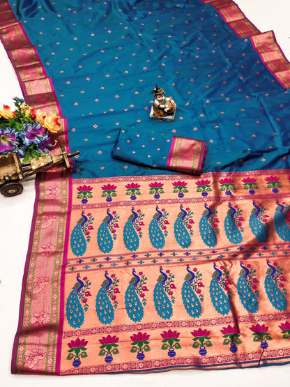 Teal color banarasi silk saree for women