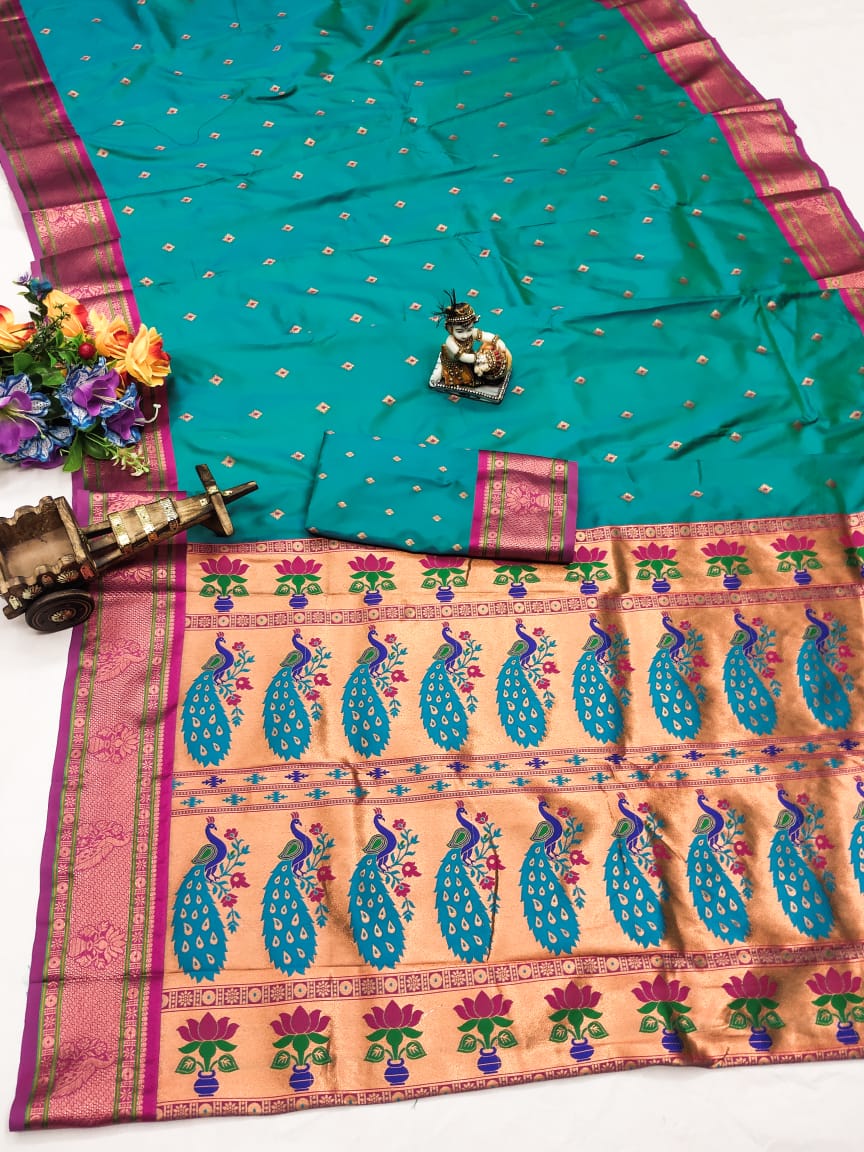 Rama color banarasi silk saree for women images