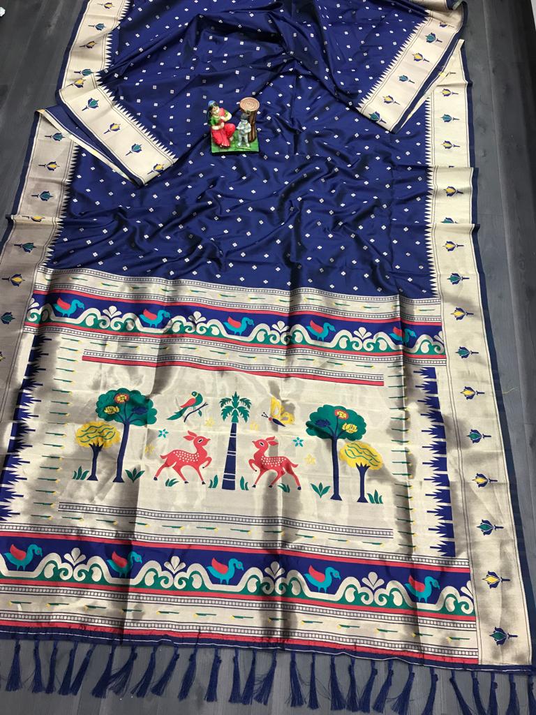 Navy color lichi silk saree with blouse for wedding