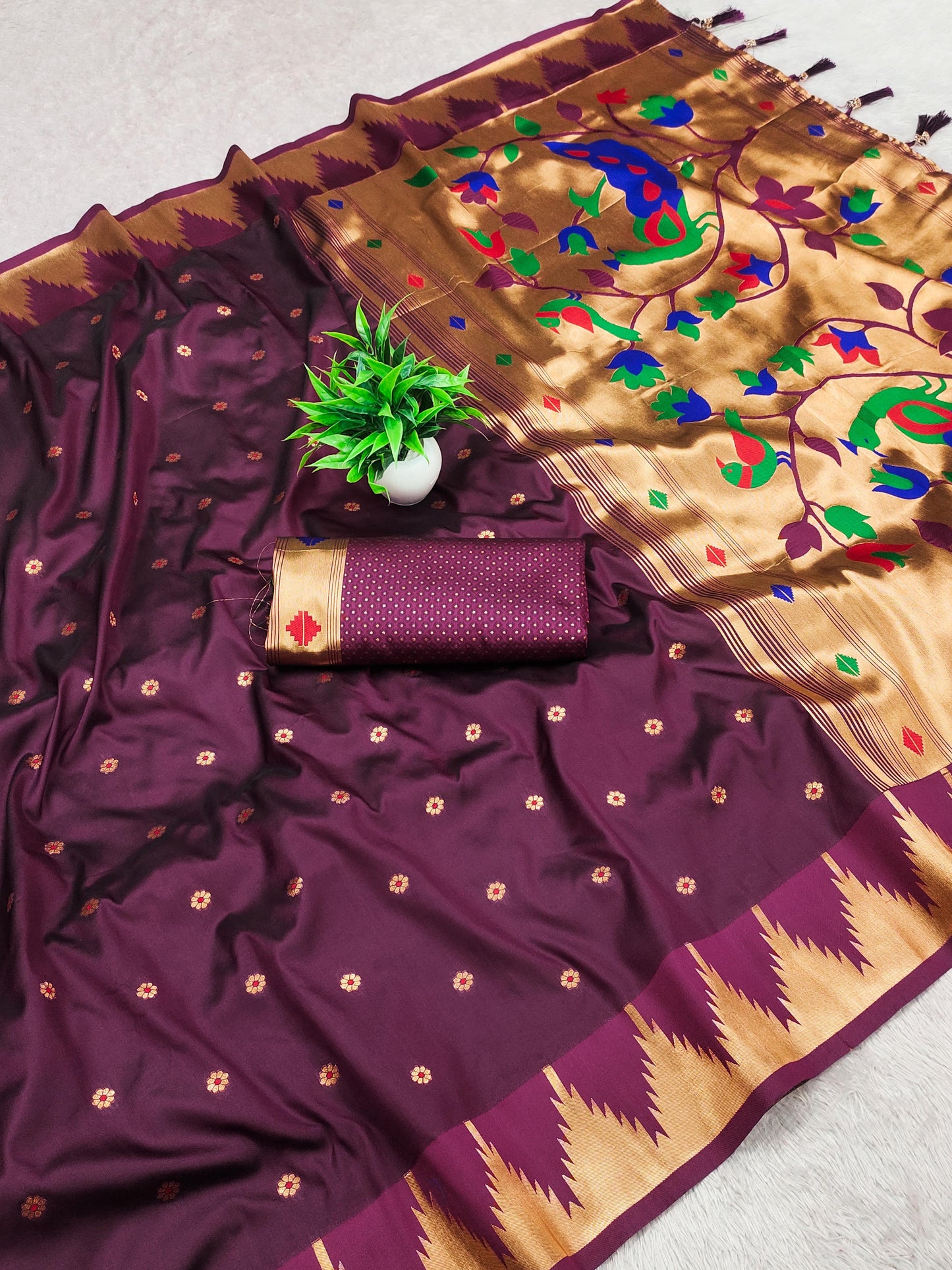 Wine color banarasi silk saree with blouse