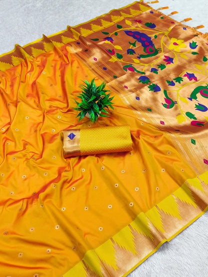 Yellow color banarasi silk saree for haldi rasam
