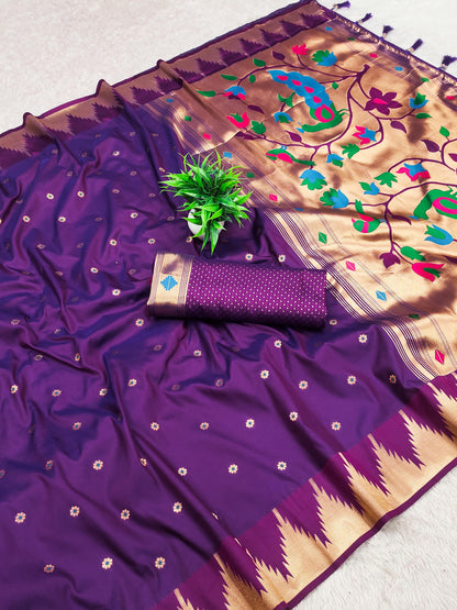 Purple color banarasi silk saree with blouse design