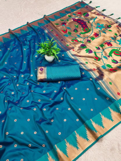 Teal color banarasi silk weaving saree with blouse online
