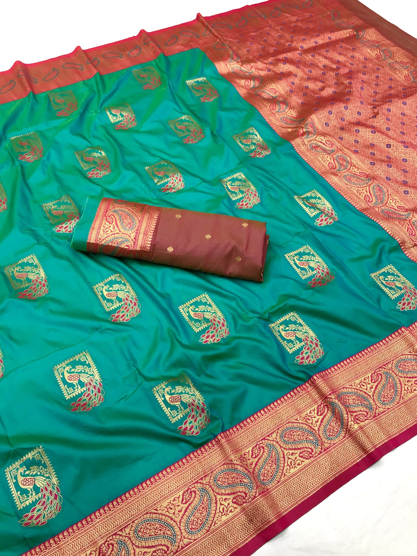 Rama color banarasi silk saree with blouse price 