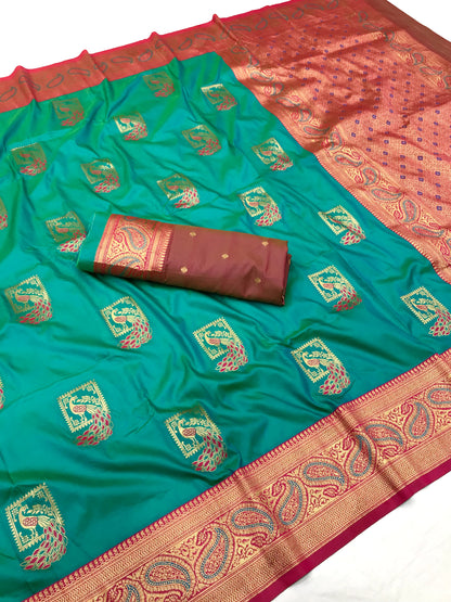 Rama color banarasi silk saree with blouse price 