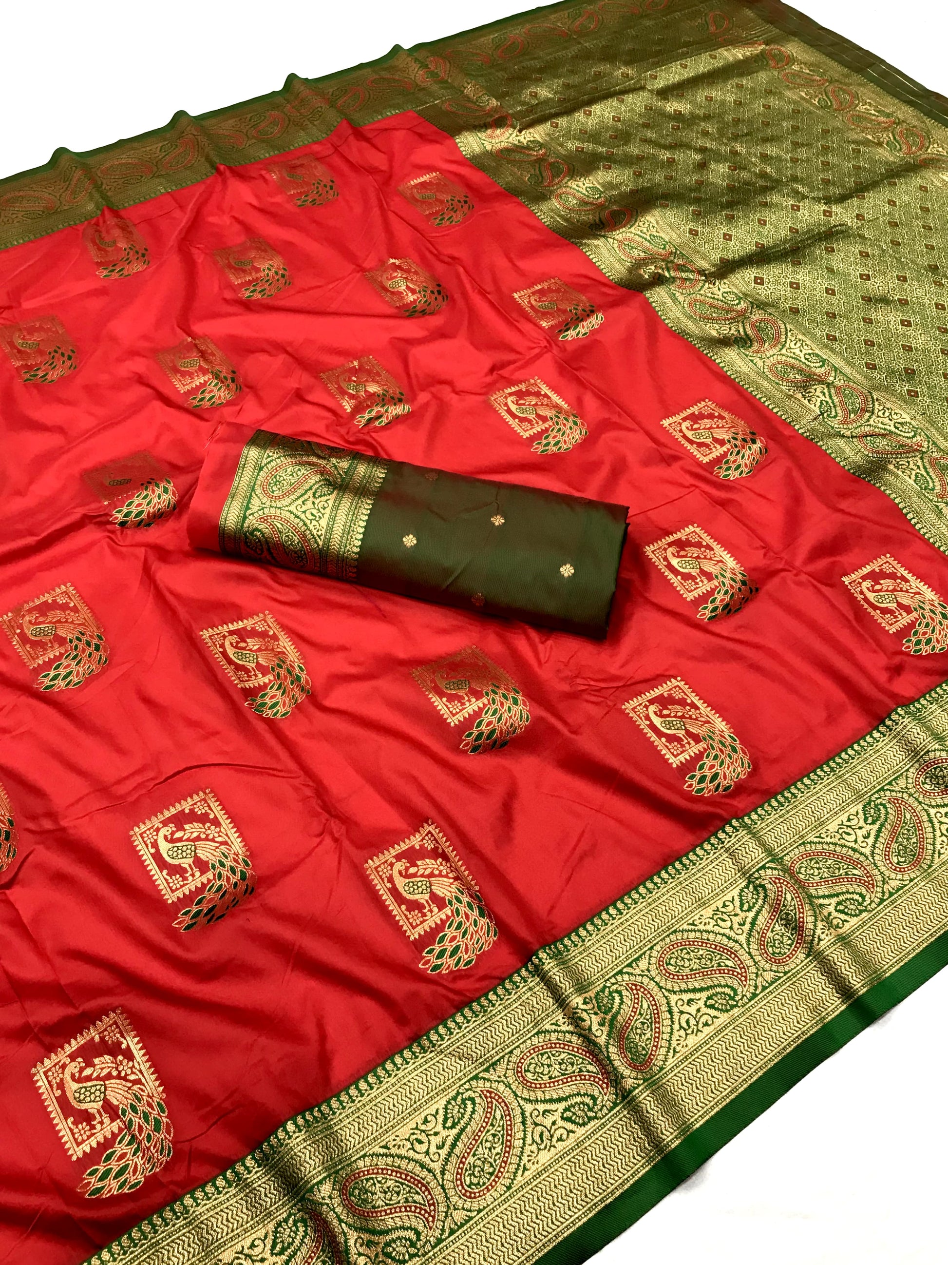 Red color banarasi silk saree with blouse online 