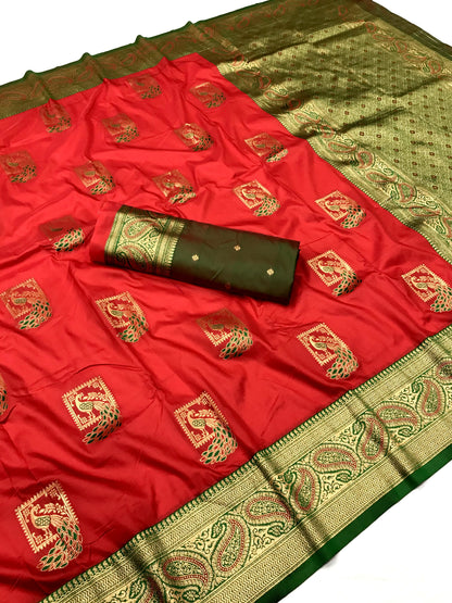 Red color banarasi silk saree with blouse online 