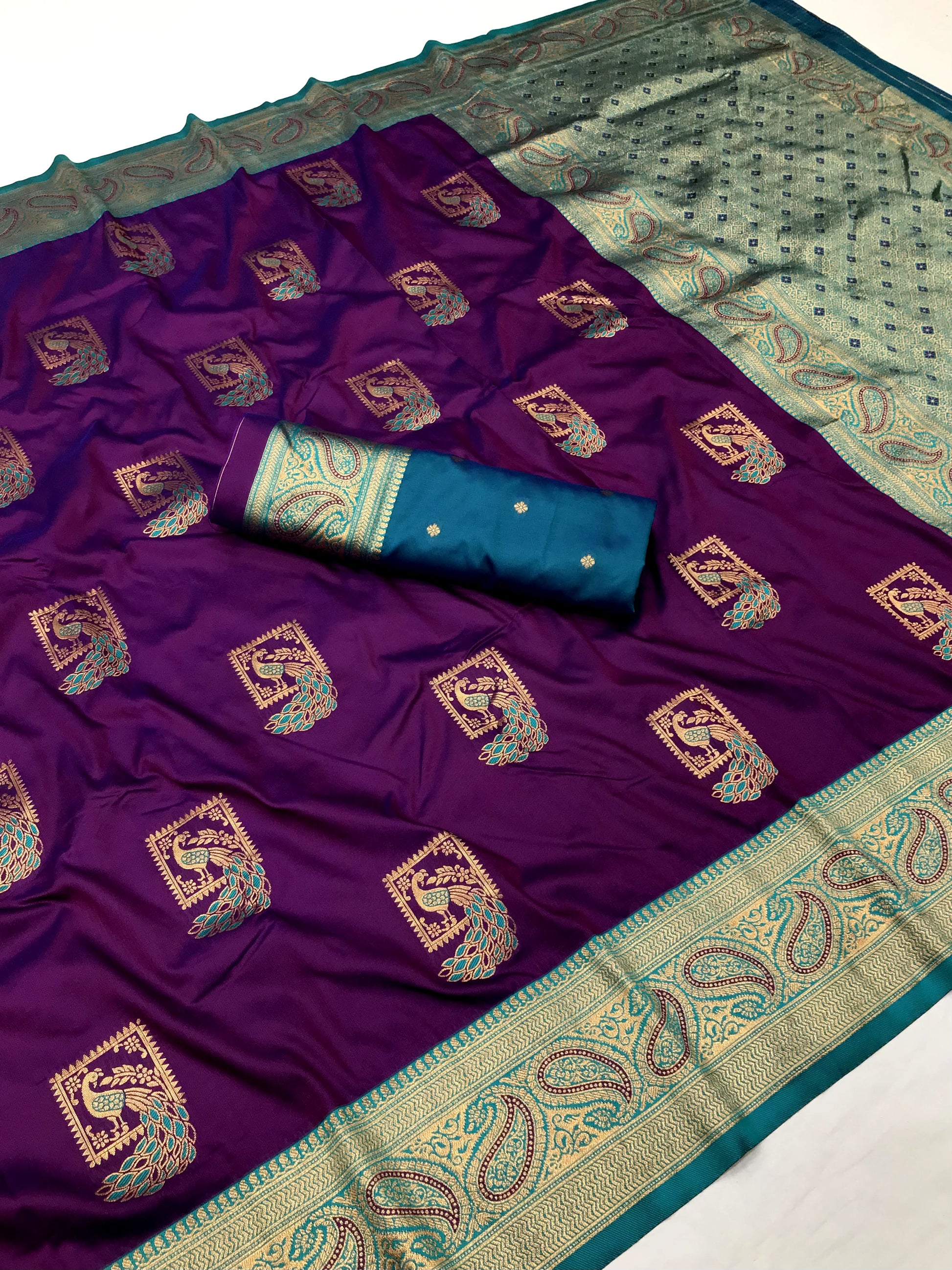 Purple color banarasi silk saree with blouse images 