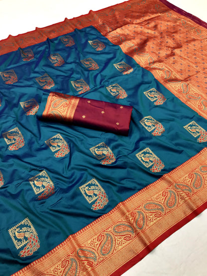 Teal color banarasi silk saree with blouse online shopping