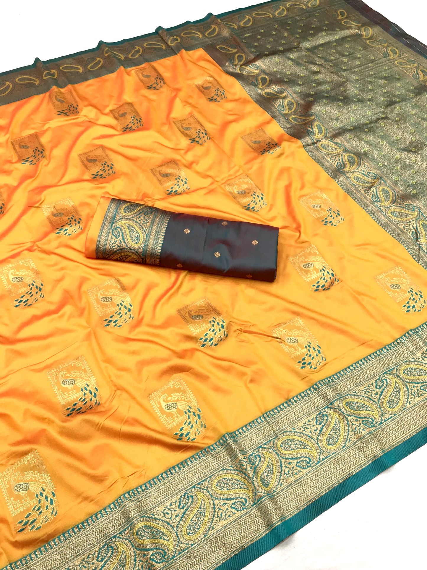 Yellow color banarasi silk saree with blouse design 