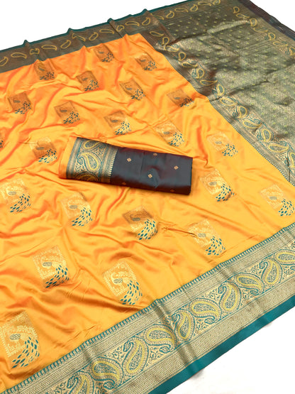 Yellow color banarasi silk saree with blouse design 