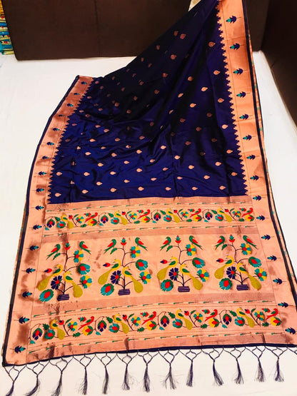 Blue color paithani silk saree for women