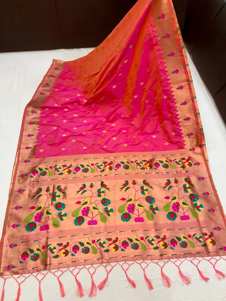 Pink color paithani silk saree with blouse images