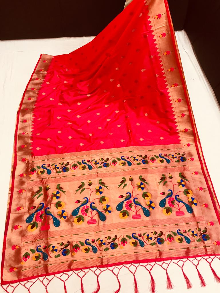Red color paithani silk saree with blouse online 