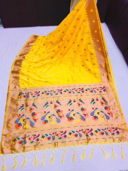 Yellow color paithani silk saree with blouse online shopping 