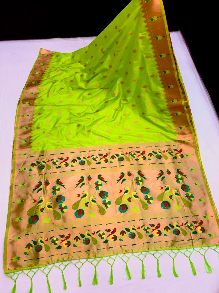 Parrot color paithani silk saree with blouse for wedding 