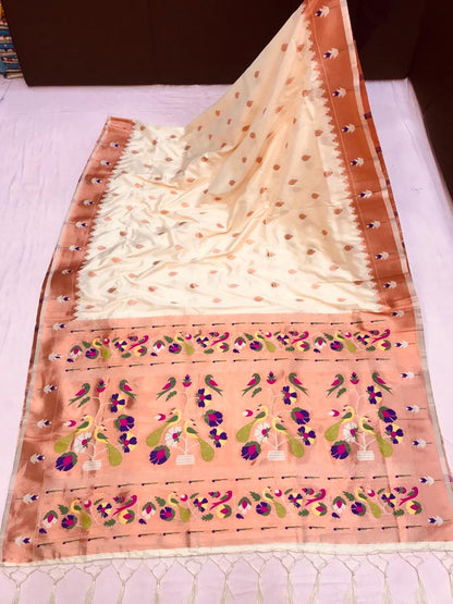 White color paithani silk saree with blouse images 
