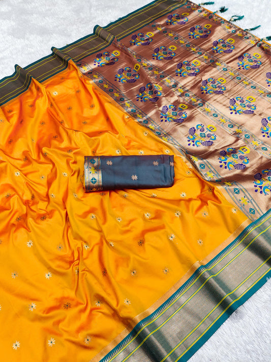 Yellow color paithani silk saree for wedding
