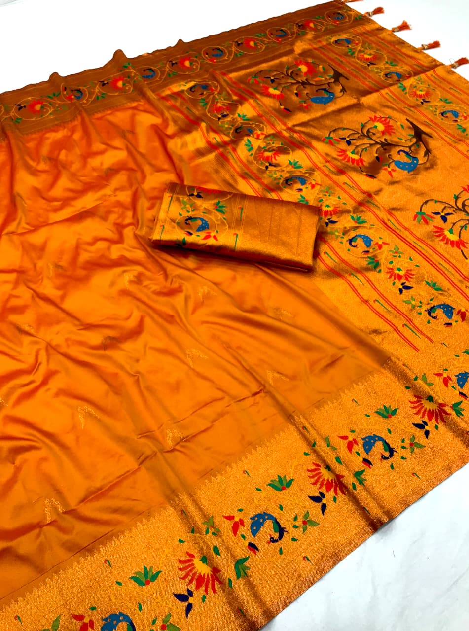 Orange color paithani silk saree with blouse images